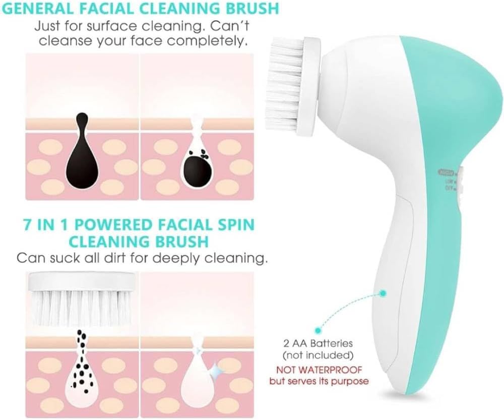 FBS-D 7 in 1 Facial Cleansing Brush Silicone Face Scrubber: Electric Exfoliating Rotating Massage Device Waterproof Deep Cleaning Exfoliation Spa Machine - Electronic Skin Care Wash System