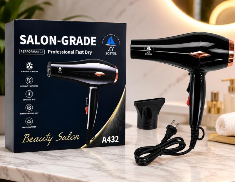 ZOEYOL A432 Salon-Grade Professional Hair Dryer, Black | Powerful DC Motor, 2 Speeds & Heat Settings, Independent Cool Shot, Overheat Protection, Easy Clean Filter