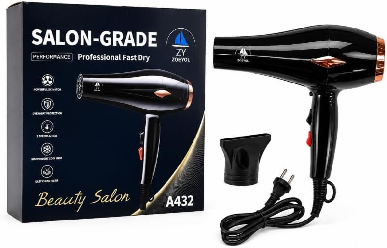 ZOEYOL A432 Salon-Grade Professional Hair Dryer, Black | Powerful DC Motor, 2 Speeds & Heat Settings, Independent Cool Shot, Overheat Protection, Easy Clean Filter