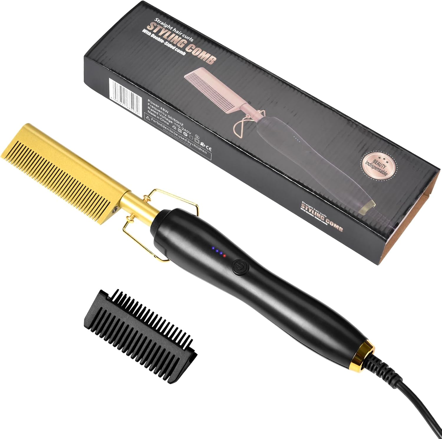 Electric Hot Comb Hair Straightener, Electric Straightening Comb for Wigs, Afro Hair & Beard, Portable Ceramic Beard Straightener Brush Anti-Scald Pressing Combs,Temperature Adjustable