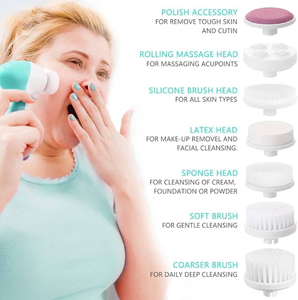 FBS-D 7 in 1 Facial Cleansing Brush Silicone Face Scrubber: Electric Exfoliating Rotating Massage Device Waterproof Deep Cleaning Exfoliation Spa Machine - Electronic Skin Care Wash System