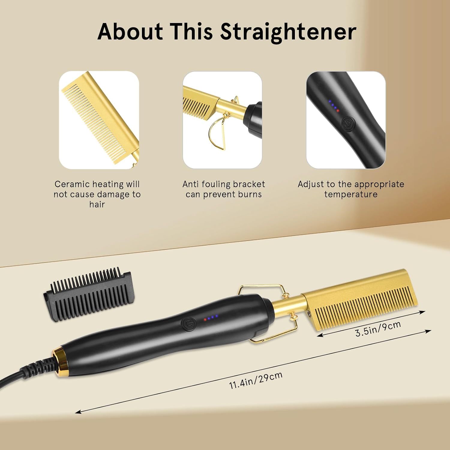 Electric Hot Comb Hair Straightener, Electric Straightening Comb for Wigs, Afro Hair & Beard, Portable Ceramic Beard Straightener Brush Anti-Scald Pressing Combs,Temperature Adjustable
