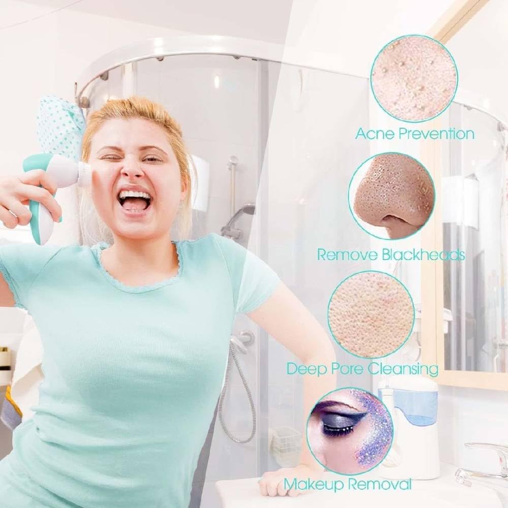 FBS-D 7 in 1 Facial Cleansing Brush Silicone Face Scrubber: Electric Exfoliating Rotating Massage Device Waterproof Deep Cleaning Exfoliation Spa Machine - Electronic Skin Care Wash System