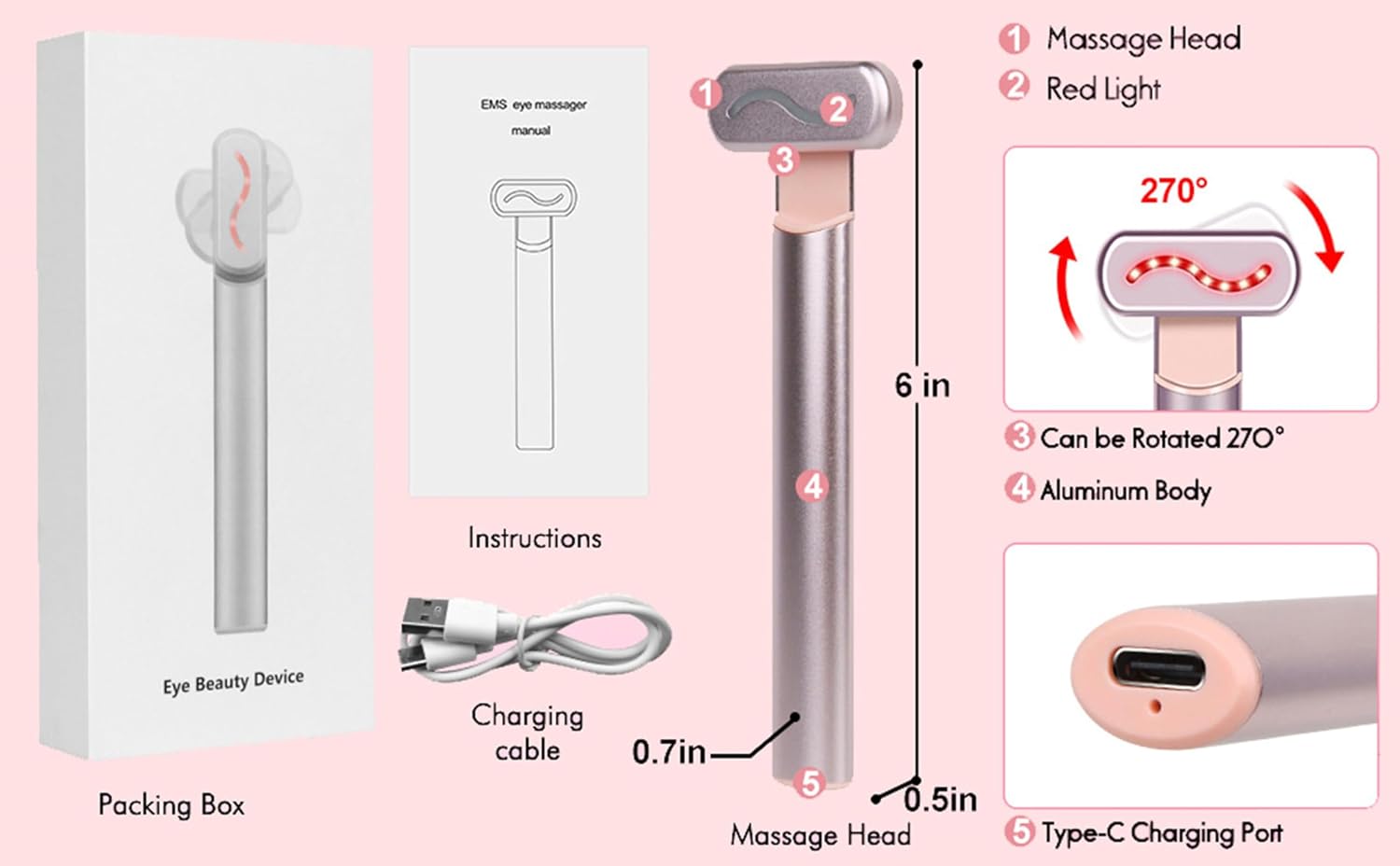 Red Light Therapy for Face | 4‑in‑1 Skincare Tool with EMS Microcurrent & Vibration | Rechargeable Face Massager Machine for Facial & Eye Care