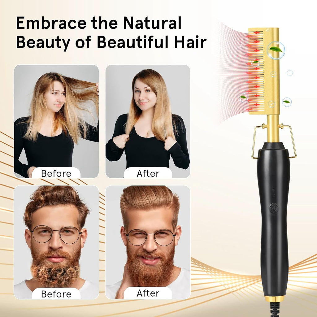 Electric Hot Comb Hair Straightener, Electric Straightening Comb for Wigs, Afro Hair & Beard, Portable Ceramic Beard Straightener Brush Anti-Scald Pressing Combs,Temperature Adjustable