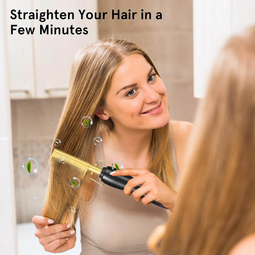 Electric Hot Comb Hair Straightener, Electric Straightening Comb for Wigs, Afro Hair & Beard, Portable Ceramic Beard Straightener Brush Anti-Scald Pressing Combs,Temperature Adjustable