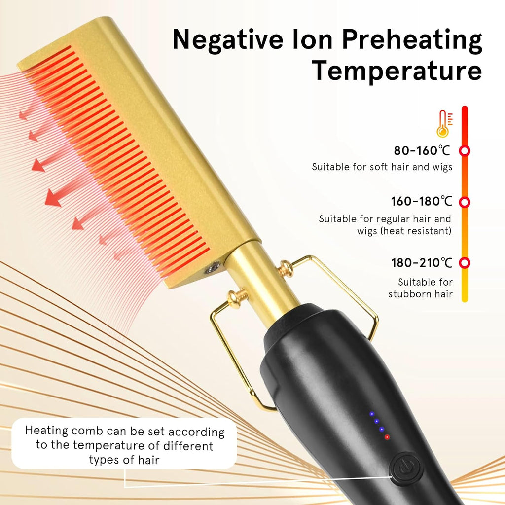 Electric Hot Comb Hair Straightener, Electric Straightening Comb for Wigs, Afro Hair & Beard, Portable Ceramic Beard Straightener Brush Anti-Scald Pressing Combs,Temperature Adjustable